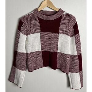 Shein Burgundy White Checkered Knit Sweater Size Medium Cropped Long Sleeve Wm’s